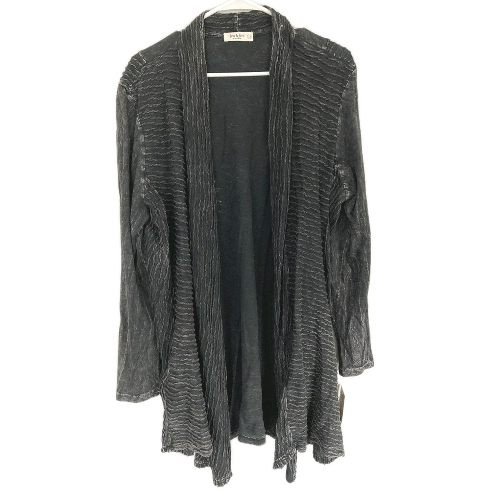 Jess & Jane Cardigan Sweater Women 1X Blk Mineral Wash Crinkle Pleated Open NWT